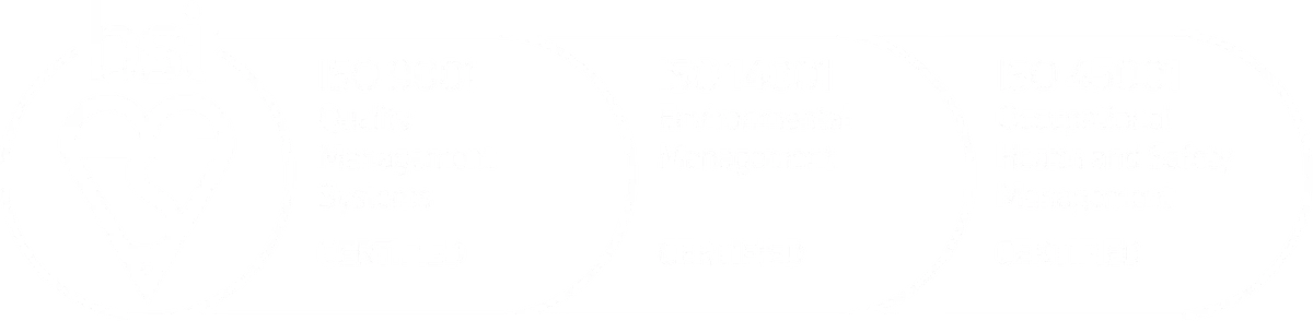 BSI accredited — ISO 9001 Quality Management, ISO 14001 Environmental Management, ISO 45001 Occupational Health and Safety Management, all certified
