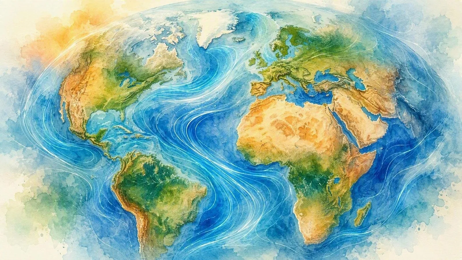 Watercolour world map showing global wind flows across the continents and oceans